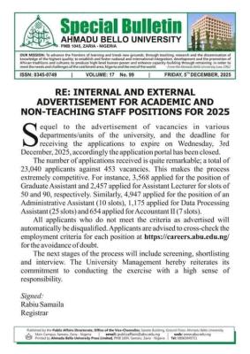 ABU update on academic and non-teaching positions recruitment cycle, 2025