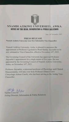 UNIZIK appoints new substantive Vice Chancellor
