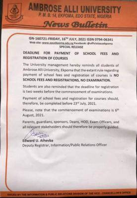 AAU deadline for payment of school fees and Registration of courses
