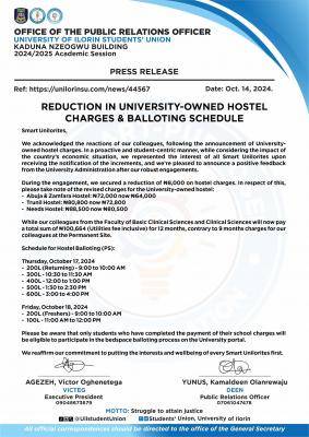 UNILORIN SUG notice on reduction in university-owned hostel charges & balloting schedule