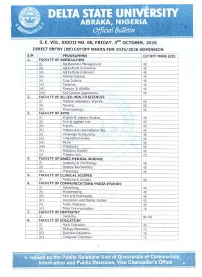 DELSU Direct Entry (DE) admission cut-of marks for 2025/2026 session