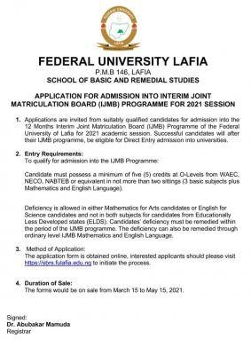 FULafia IJMB admission form for 2020/2201 session