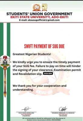 EKSU SUG notice to students on swift payment of SUG due