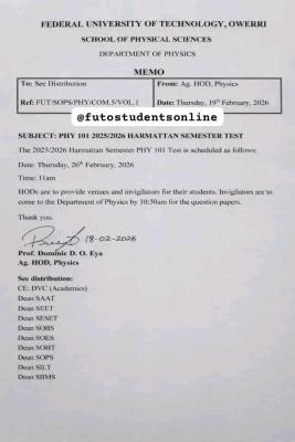 FUTO fixes date for PHY 101 2025/2026 harmattan semester test