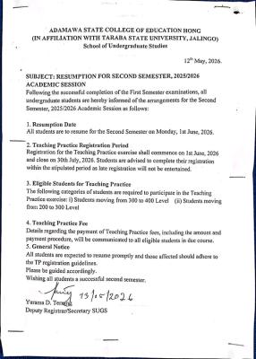 Adamawa State COE, Hong (TASU affiliated) issues second semester resumption notice, 2025/2026