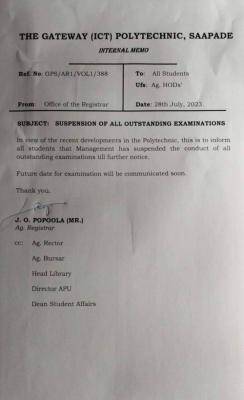 Gateway Polytechnic suspends outstanding examinations