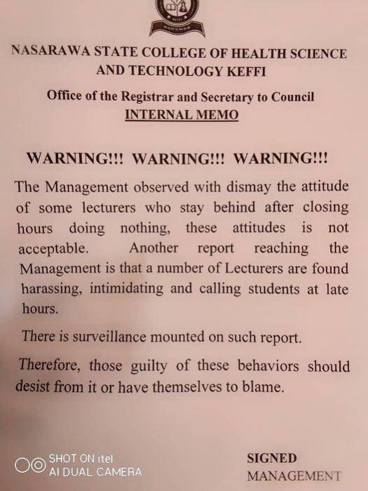 Nasarawa state College of Health Science and Technology warning to lecturers
