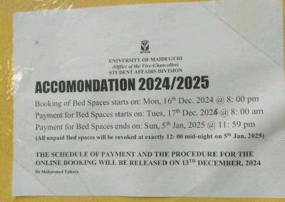 UNIMAID notice on accomodation for 2024/2025 session