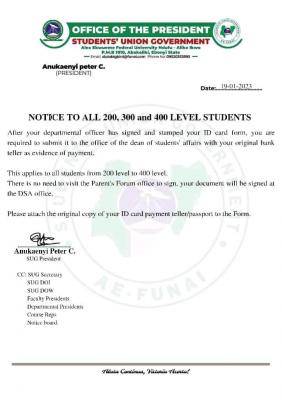 FUNAI SUG notice to all 200, 300 and 400 level students