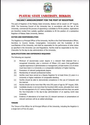 PLASU announces vacancy for the position of the Registrar