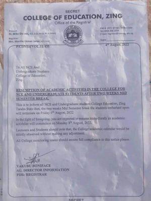 College of Education, Zing notice on resumption of academic activities