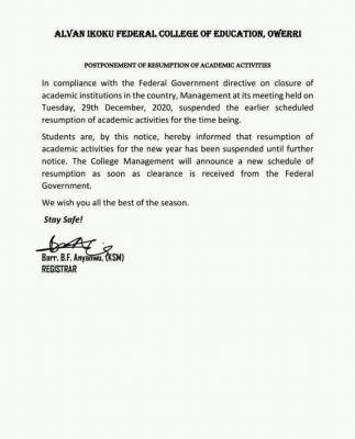 Alvan Ikoku college of education notice on postponement of resumption date