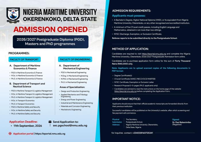 Nigeria Maritime University Postgraduate Admission form, 2026/2027