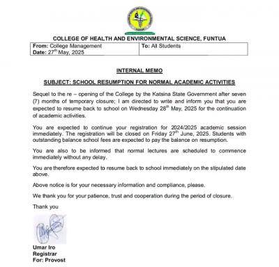 College of Health & Environmental Sciences, Funtua issues important notice to students