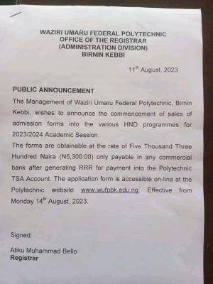 Waziri Umaru Federal Polytechnic HND admission form, 2023/2024