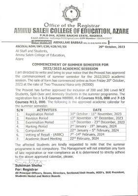 Aminu Saleh COE, Azare notice on comment of summer semester for 2022/2023 session