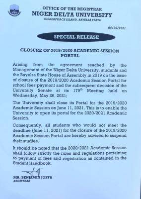 NDU notice on closure of portal for 2019/2020 session