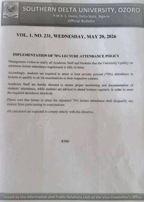 Southern Delta University reiterates mandatory of 70% lecture attendance Policy