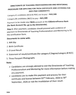 TRCN announces procedure and fees for 2025 PQEI Certification and Licensing
