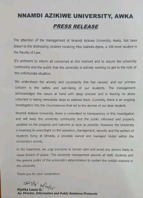 UNIZIK reacts to tragic d*ath of 100Level Law student, launches full investigation
