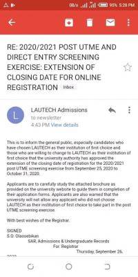 LAUTECH extends Post-UTME registration for 2020/2021 session