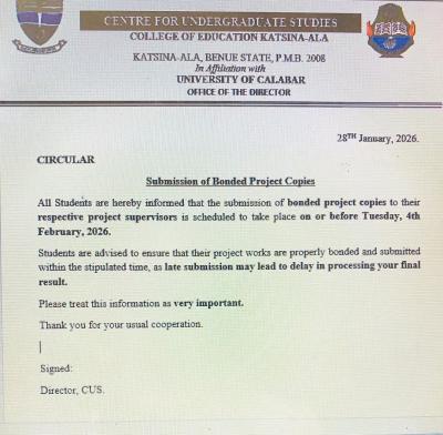 COE Katsina notice to degree students on Submission of Bonded Project Copies