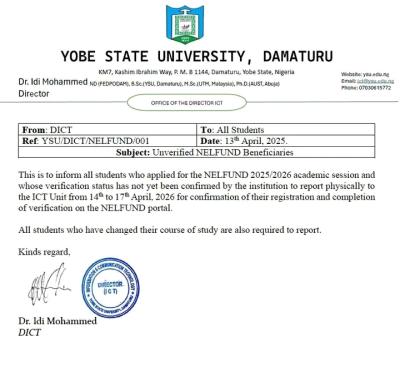 YSU issues notice to unverified NELFUND beneficiaries
