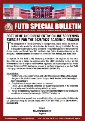 Federal University of Transportation, Daura Post-UTME/DE 2026: Cut-off mark, Eligibility and Registration Details
