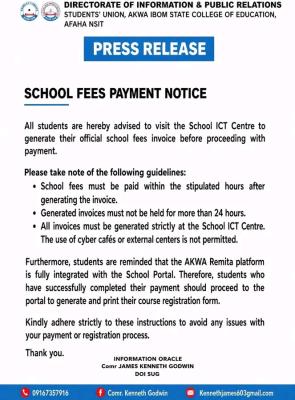 Akwa Ibom State COE, Afaha-Nsit SUG notice students on school fees payment
