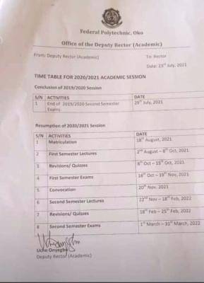 Federal Polytechnic, Oko academic calendar ,2020/2021 session
