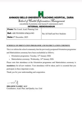 ABUTH announces new dates for orientation exercise and matriculation ceremony, 2025/2026
