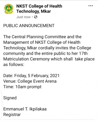 NKST College of Health Technology, Mkar announces 17th matriculation ceremony