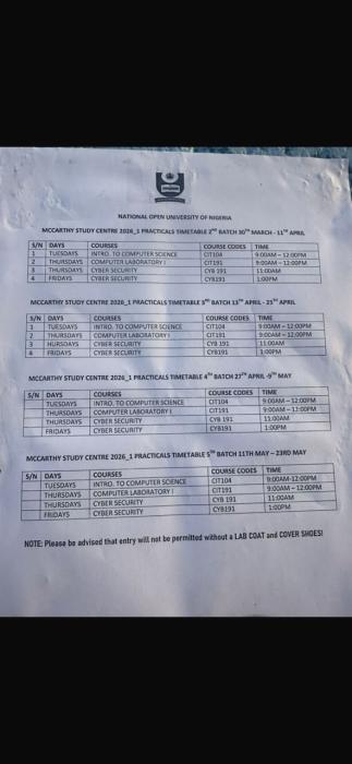 NOUN McCarthy Study Centre 2026_1 Practicals Timetable (2nd batch)