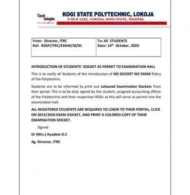 KSP notice to students on printing of exam docket