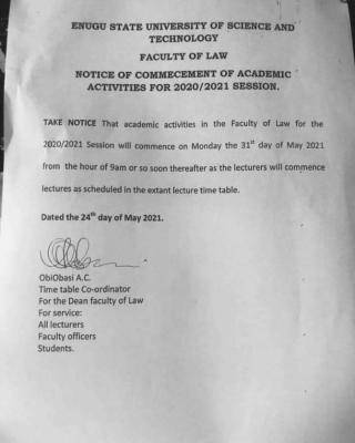 ESUT, Faculty of Law announces resumption for 2020/2021 session