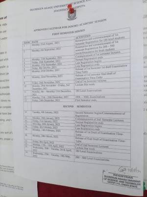 OAUSTECH academic calendar for 2020/2021 session - Myschool