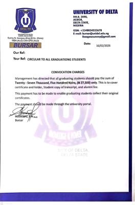 UNIDEL notice to graduating students on convocation charges