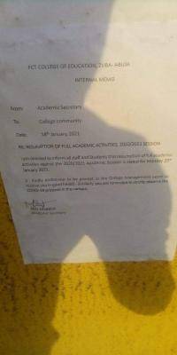 FCT COE, Zuba resumption date