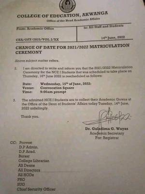 College of Education, Akwanga reschedules matriculation ceremony
