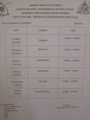 ABU remedial mid-sessional examination timetable