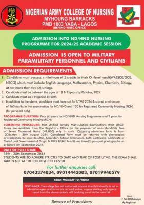 Nigerian Army College Of Nursing, Yaba releases ND/HND Nursing admission, 2024/2025