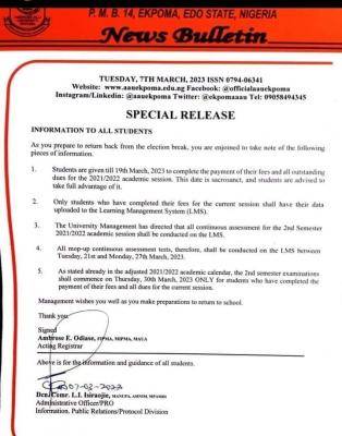 AAU notice to all students on resumption