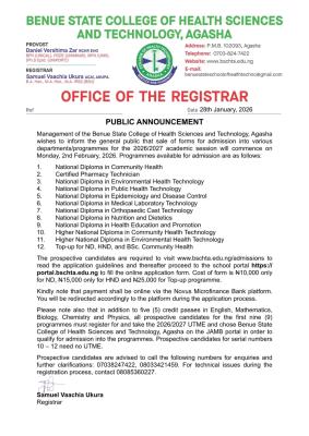Benue State College of Health Sciences and Technology, Agasha announces admission forms, 2025/2026