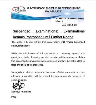 Gateway ICT Poly exams remain suspended until further notice