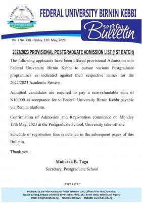 FUBK releases 1st batch postgraduate admission list, 2022/2023
