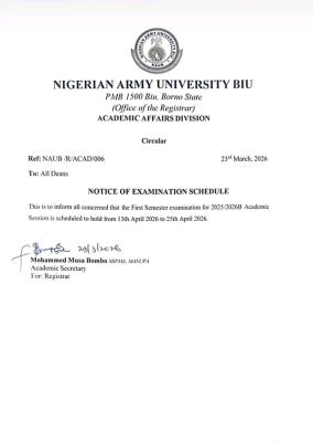 NAUB notice on commencement of 1st semester exam, 2025/2026