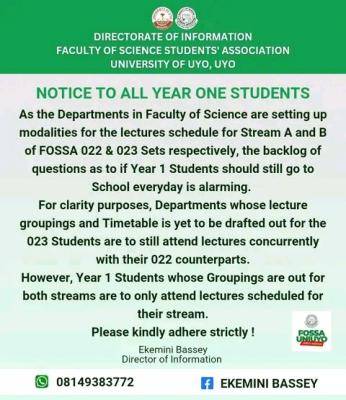 UNIUYO Faculty of Science notice to all Year 1 students