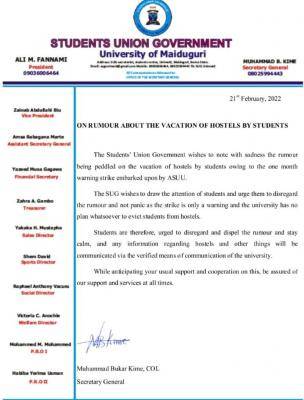 UNIMAID SUG notice to students regarding rumour on vacation of hostels