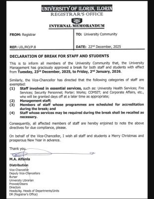 UNILORIN declares end of year break for staff and students