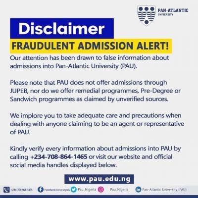 Pan Atlantic University Admission disclaimer notice to the general public
